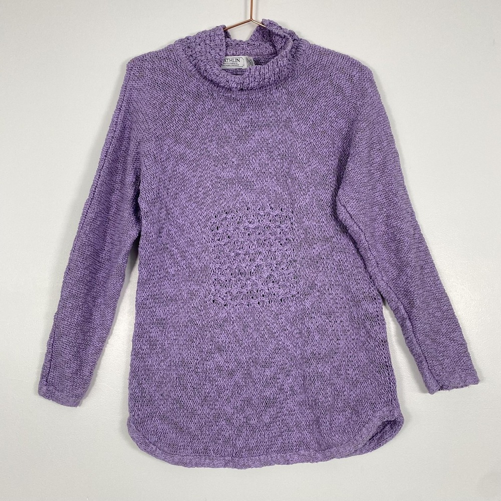 Rathlin Sweater Tunic Womens XL Purple Linen MockNeck Hand Loomed Ireland Cotton